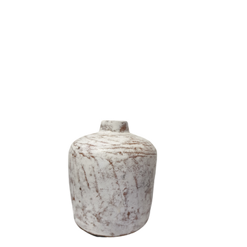 Short squat white wash rustic vase with mottled clay texture and warm terracotta undertones showing through the distressed finish, white background