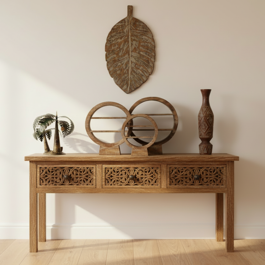 wooden cabinet with the set of 3 accents circular design pal tree on the side pot and wooden leaf artwork 