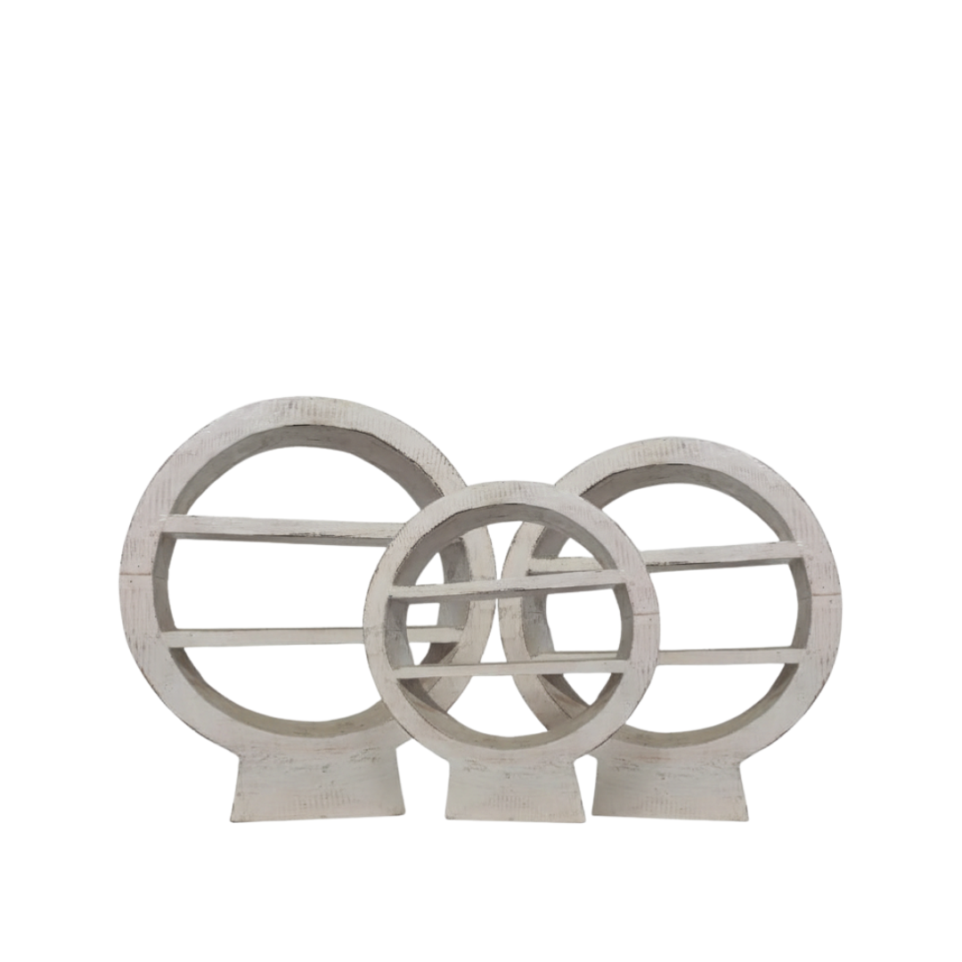 Three white wash circular timber display stands grouped together showing internal shelf detail, small medium and large