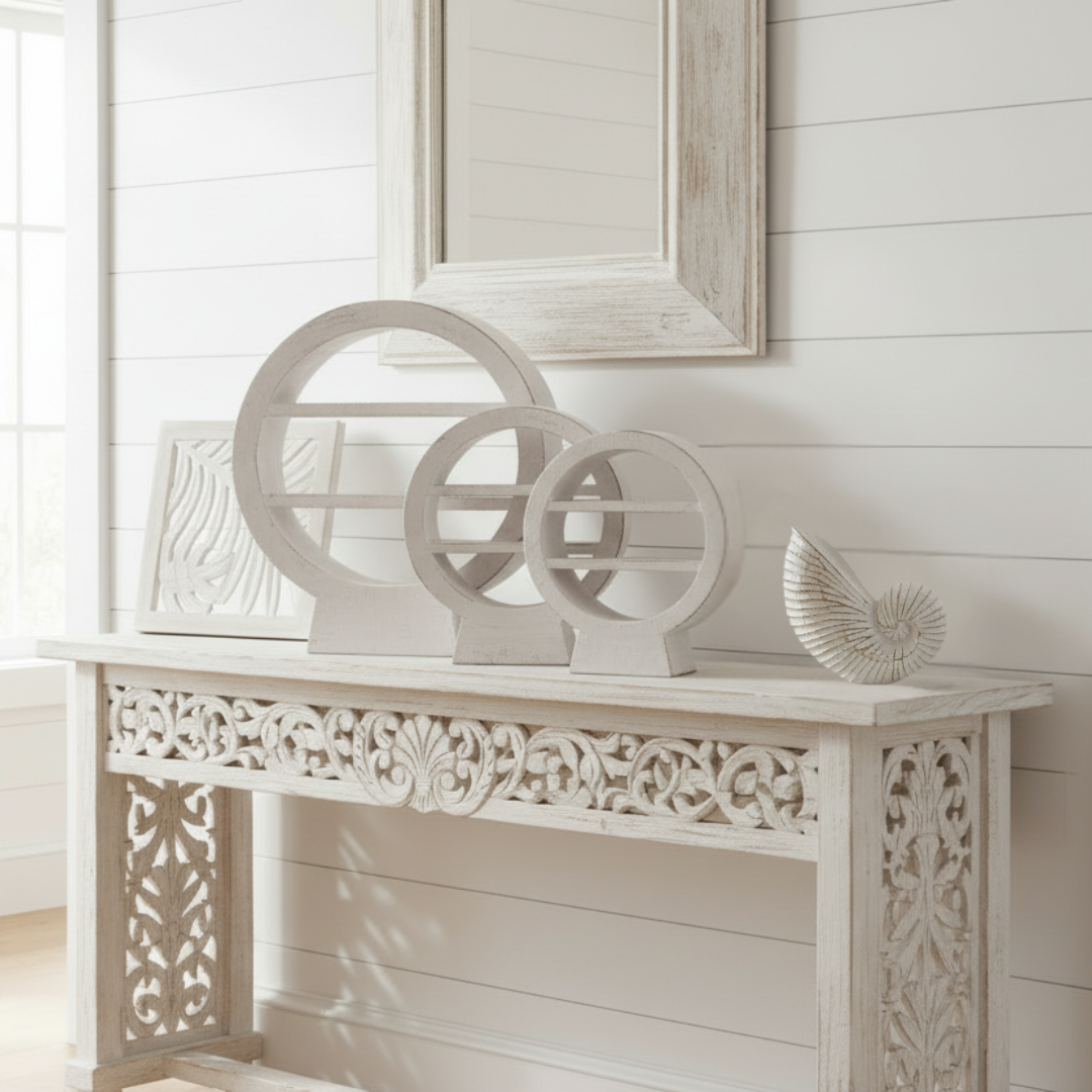 White wash circular console table décor set of three styled on a Hamptons carved console with mirror and nautilus shell sculpture