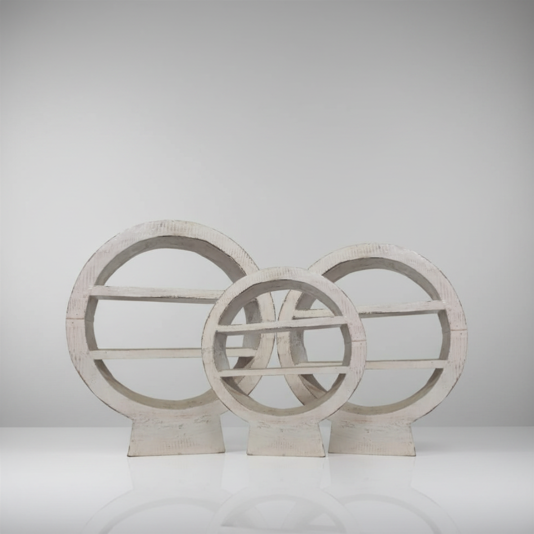 Set of three white wash circular wooden console table décor stands in graduating sizes, handcrafted timber