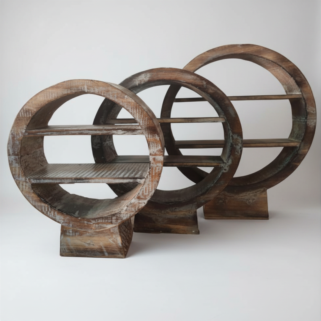 Brown wash circular wooden shelf stands set of three with distressed timber finish and two internal shelves each