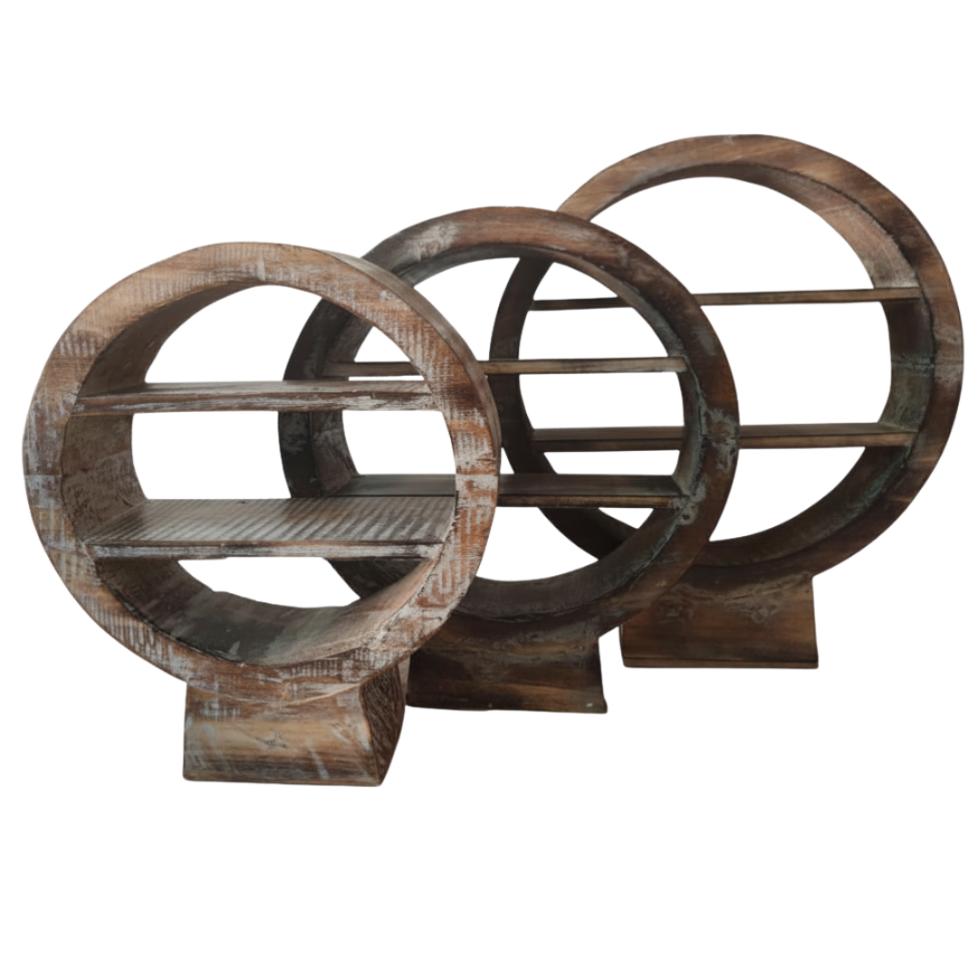 andcrafted brown wash circular console table décor set of three in graduating sizes with flat rectangular base