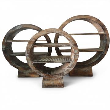 Set of three brown wash circular wooden display stands with internal shelves and flat base, handcrafted in Indonesia
