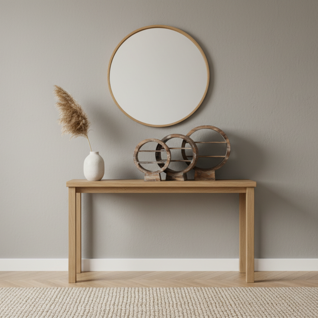 Circular console table décor set of three brown wash wooden display stands styled on a natural oak console table in a warm Scandinavian interior with pampas grass and round timber mirro