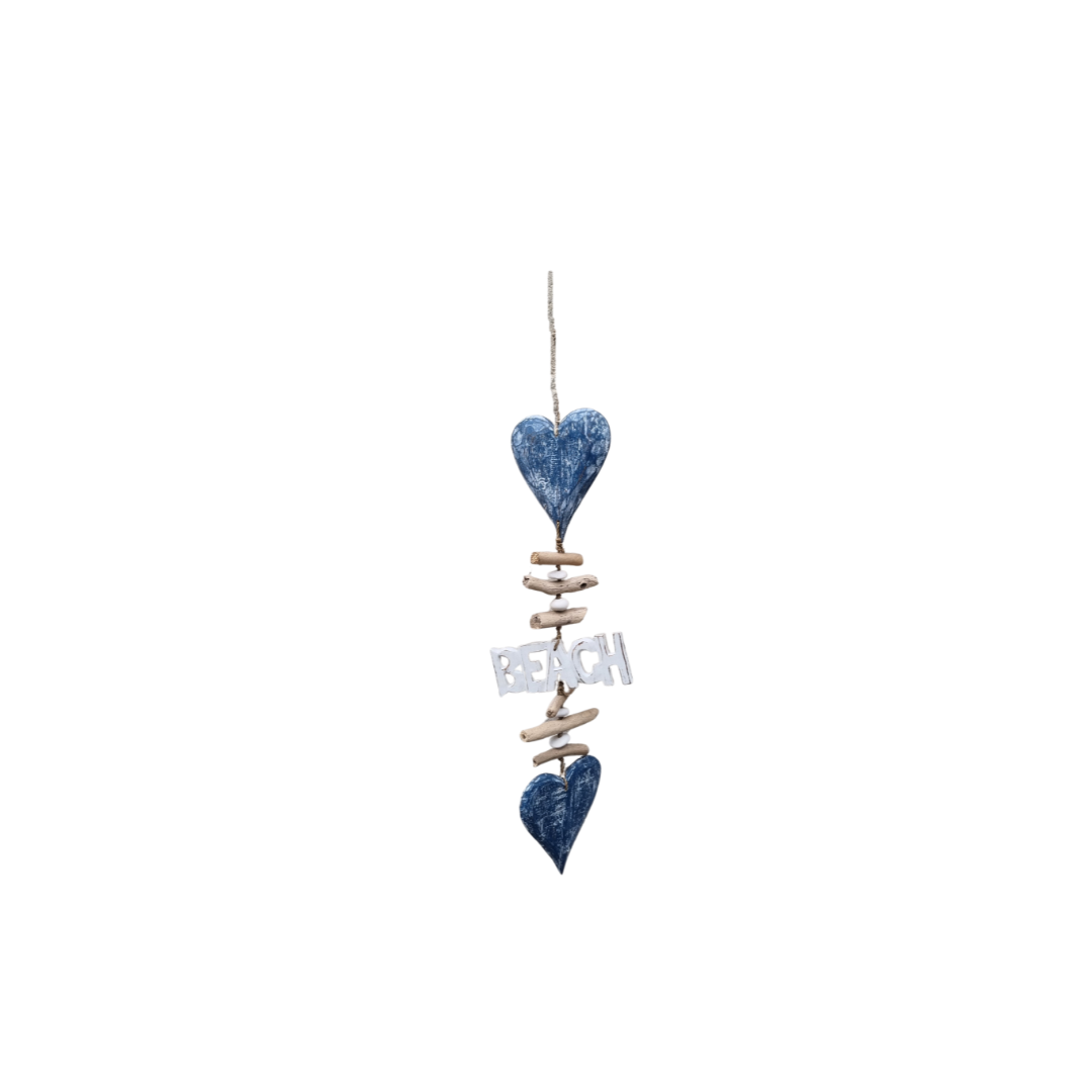 Coastal Beach Driftwood Heart Chimes – navy blue  colourway, hand-carved heart shapes with driftwood accents, BEACH lettering, and jute rope on white background