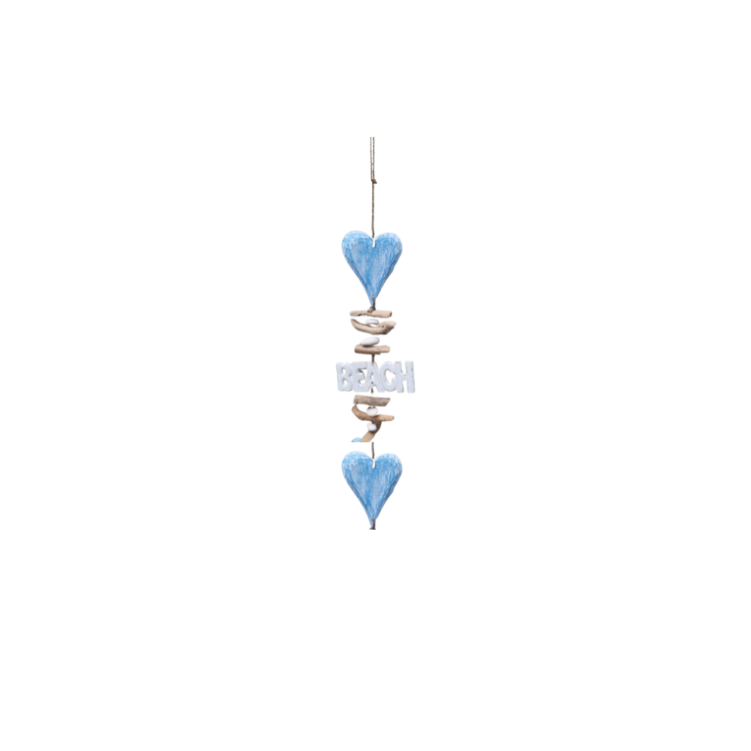 Coastal Beach Driftwood Heart Chimes – blue colourway, hand-carved heart shapes with driftwood accents, BEACH lettering, and jute rope on white background