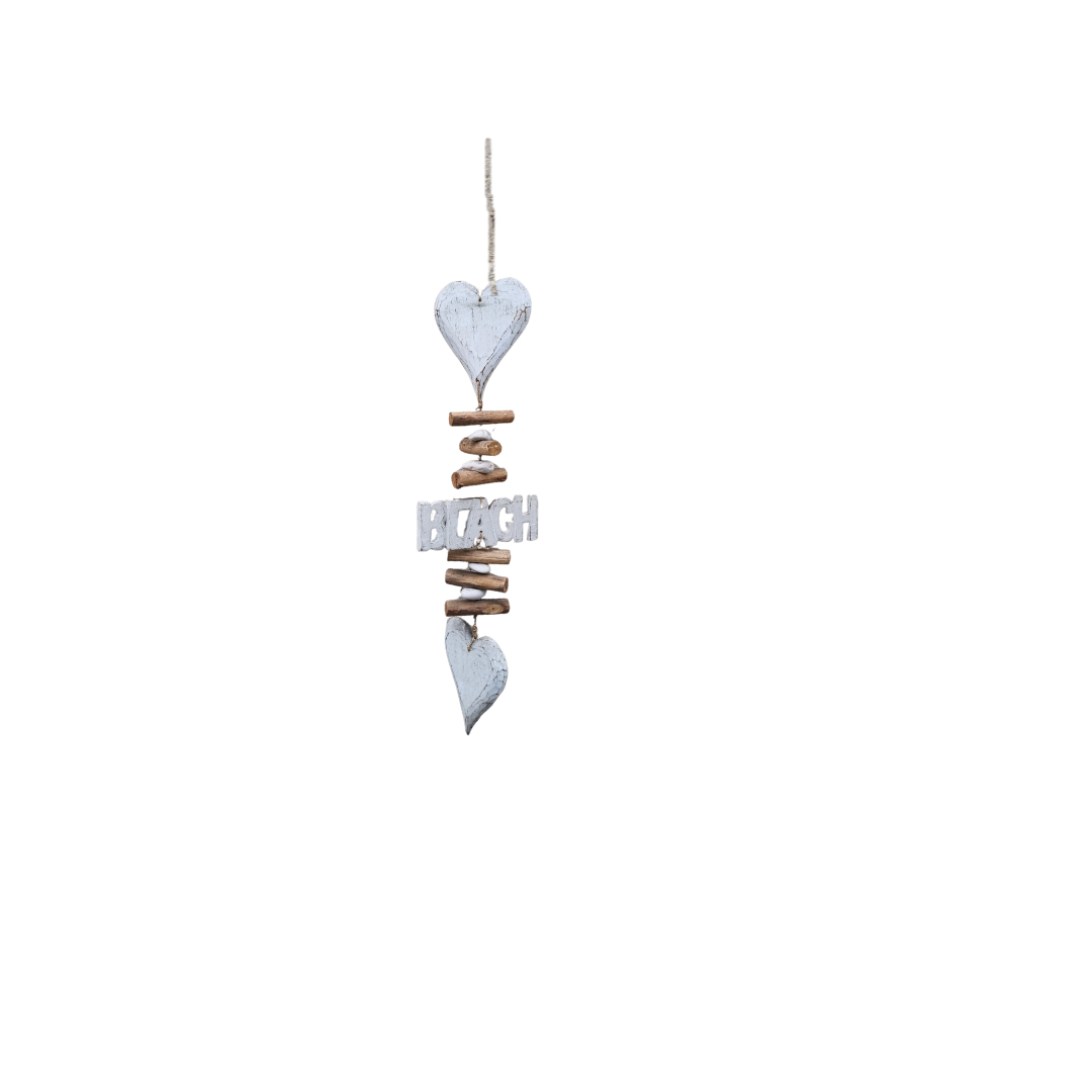 Coastal Beach Driftwood Heart Chimes – turquoise colourway, hand-carved heart shapes with driftwood accents, BEACH lettering, and jute rope on white background
