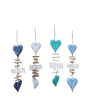 Coastal Beach Driftwood Heart Chimes – turquoise colourway, hand-carved heart shapes with driftwood accents, BEACH lettering, and jute rope on white background four adorable colours 