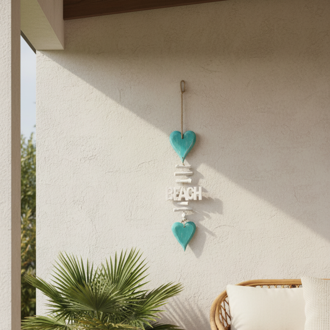 Coastal Beach Driftwood Heart Chimes – turquoise wooden hearts with whitewashed driftwood accents and BEACH lettering, on white background 