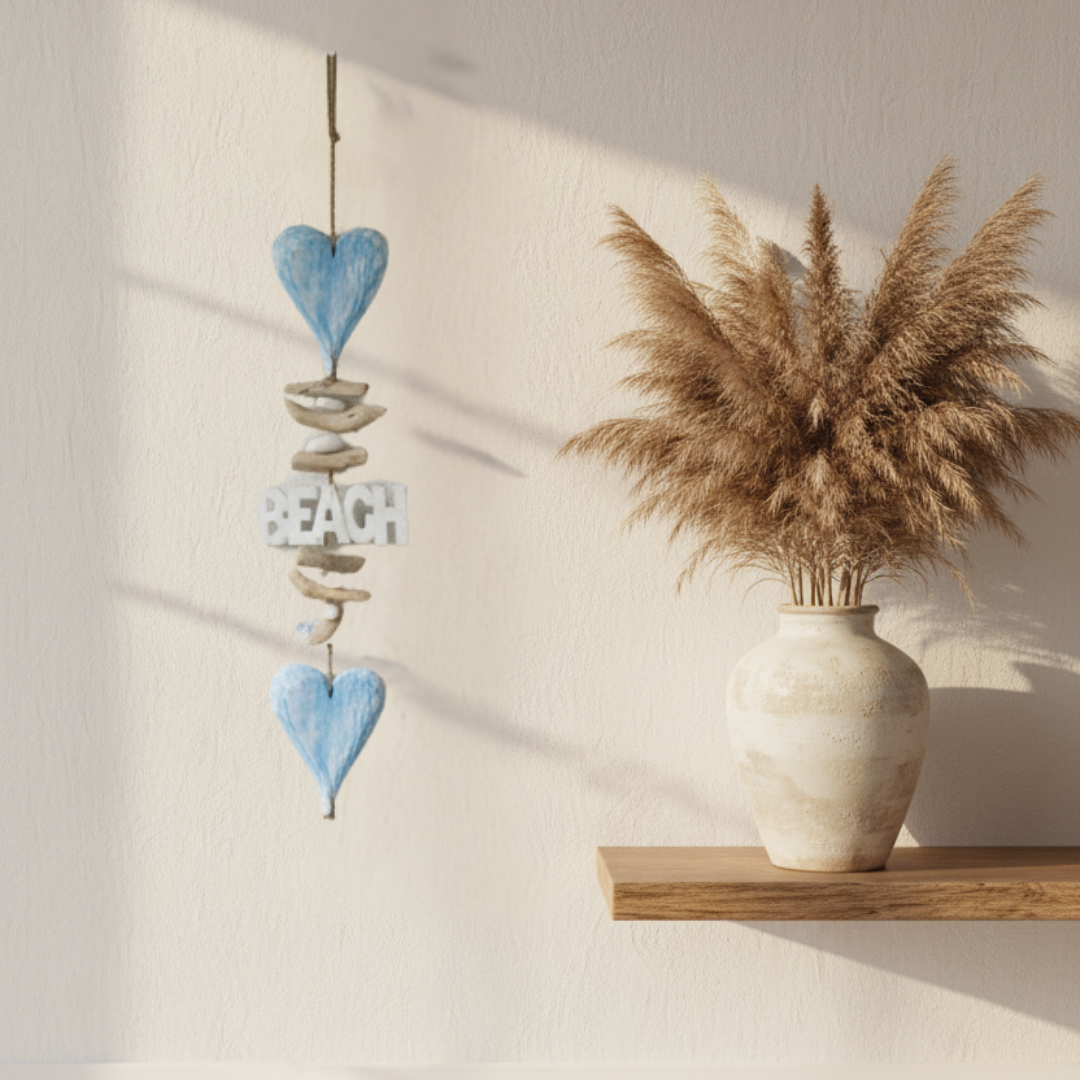 Hand-carved light blue wooden heart chime with natural driftwood stick accents, white BEACH lettering, and jute rope hanger, on white background