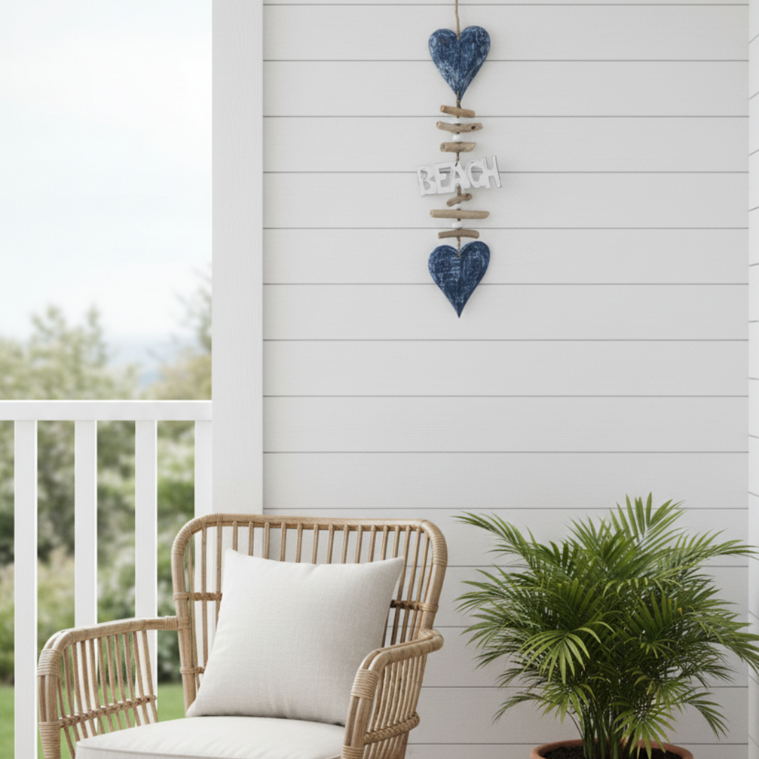 Navy — navy blue wooden hearts with driftwood stick accents and BEACH lettering, on white background