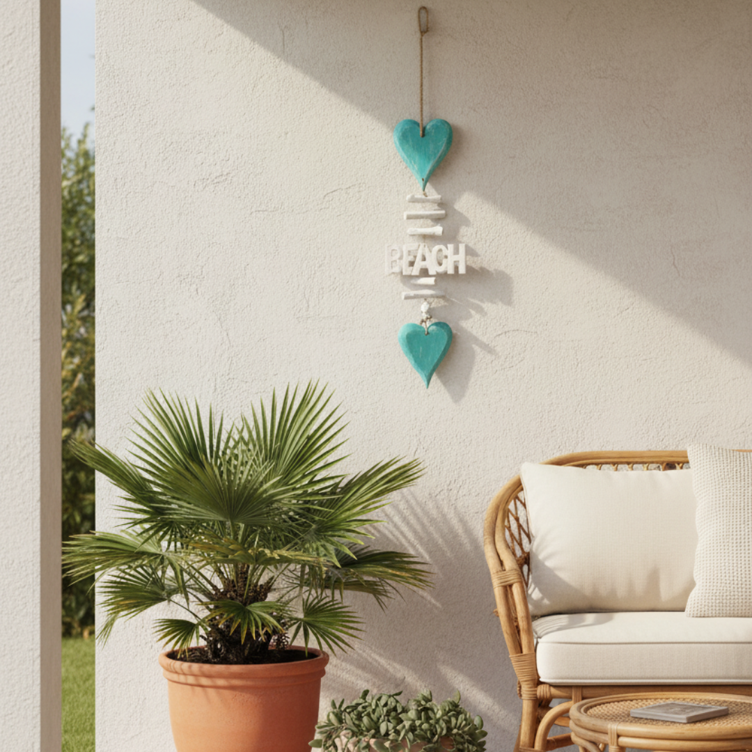 A decorative hanging wall ornament with turquoise heart shapes and white lettering that reads “BEACH,” displayed on a textured cream wall above a wicker chair and next to a potted palm.