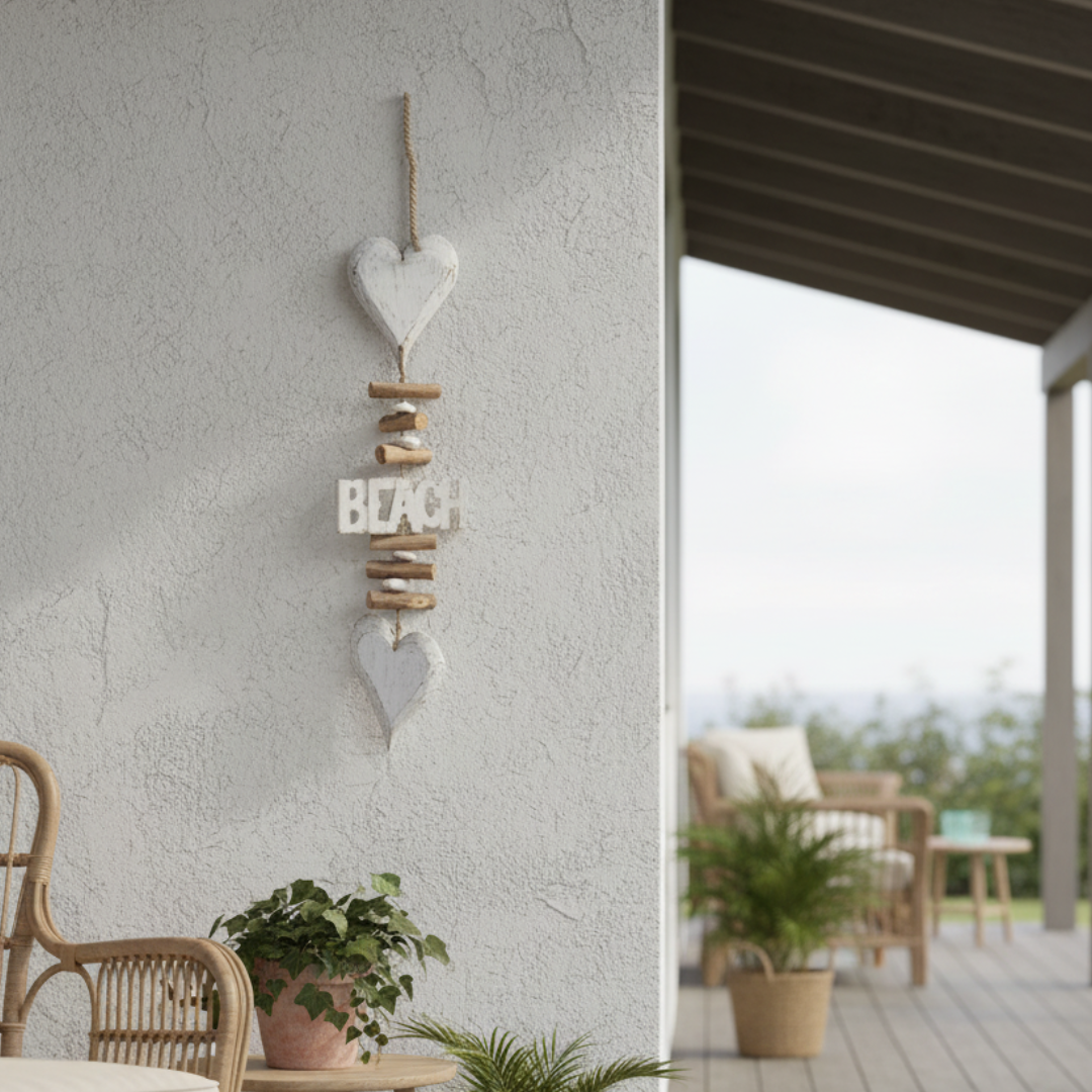 White distressed wooden heart chime hanging on a covered verandah with rattan and coastal greenery