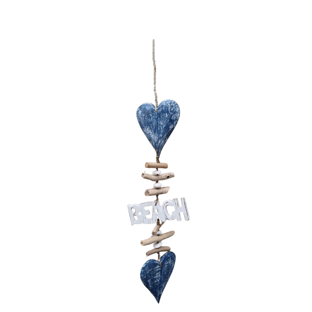Coastal Beach Driftwood Heart Chimes – navy colourway, hand-carved heart shapes with driftwood accents, BEACH lettering, and jute rope on white background