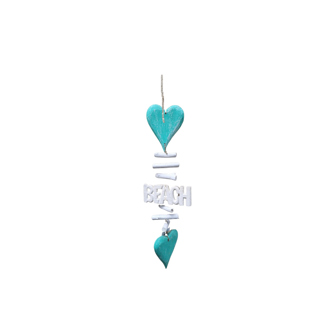 Coastal Beach Driftwood Heart Chimes – turquoise colourway, hand-carved heart shapes with driftwood accents, BEACH lettering, and jute rope on white background

