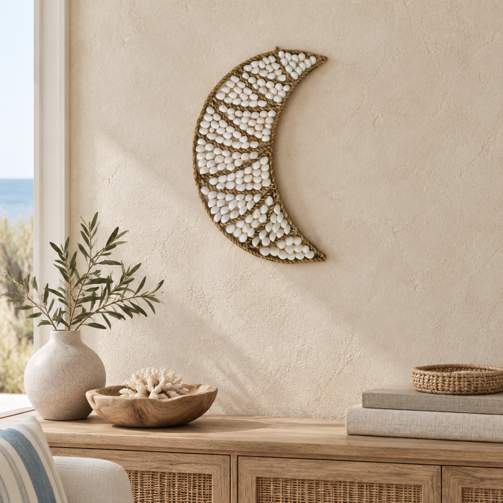 White rounded shell crescent hanging on a warm plaster wall above a timber console