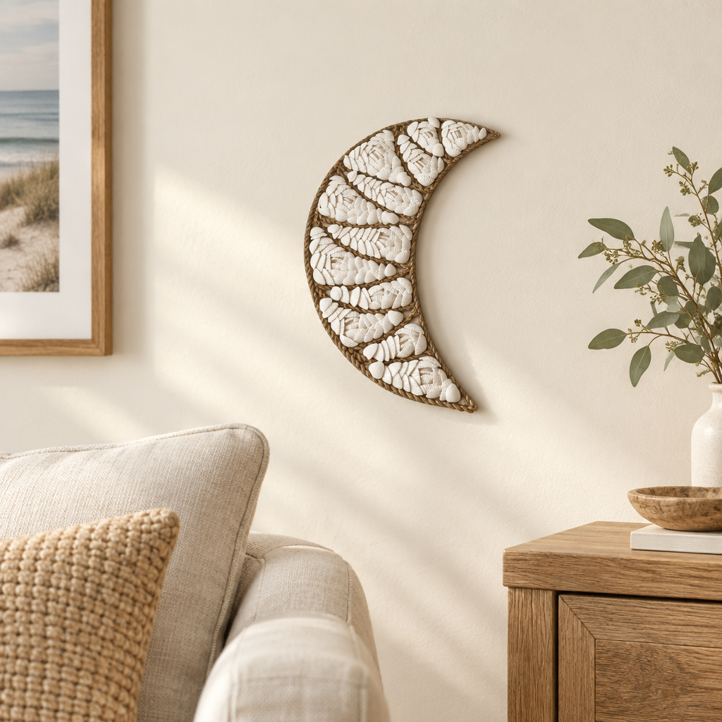 Layered white open shells on a crescent hanging beside a linen sofa