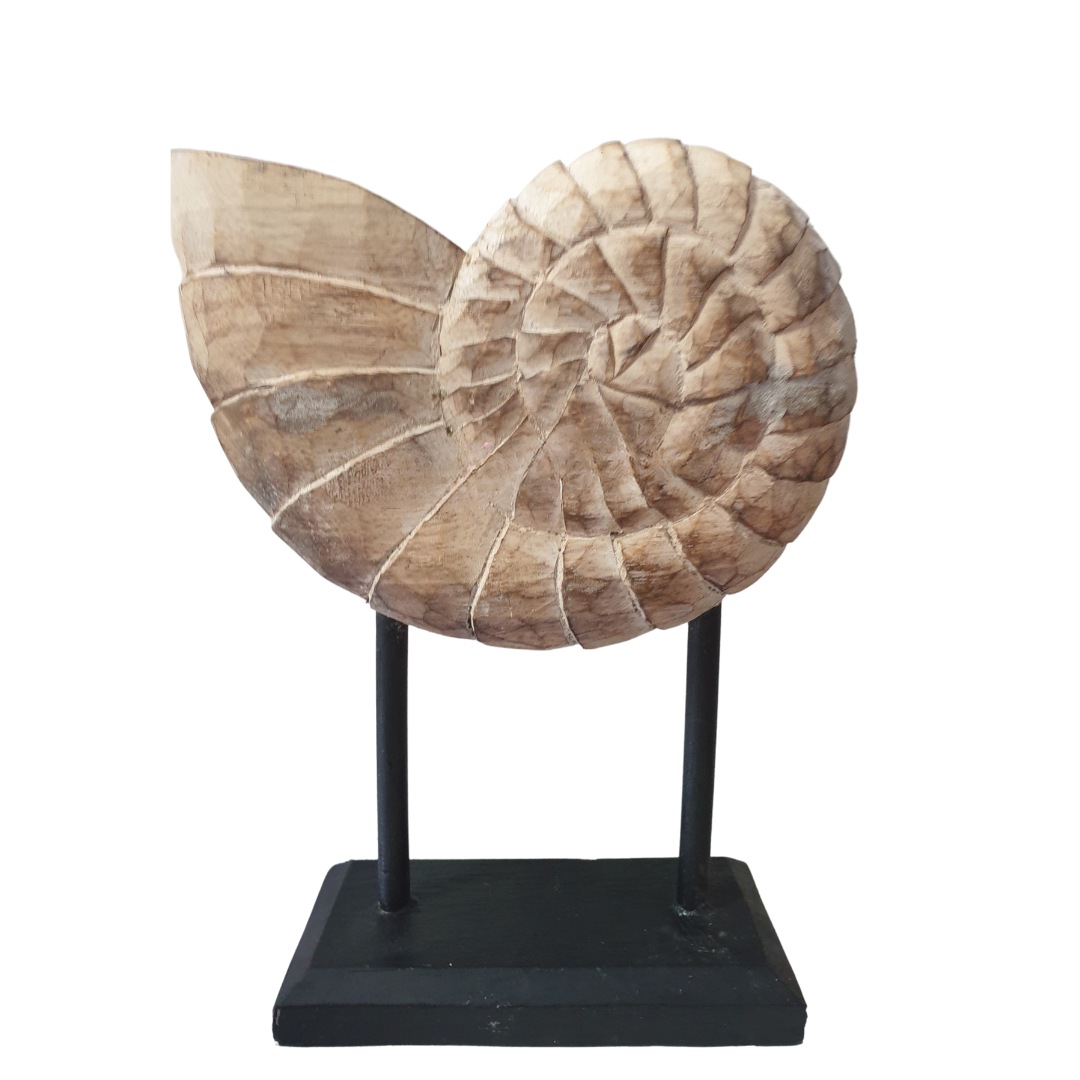 Large hand-carved wooden nautilus shell sculpture on natural wood base – coastal decor by Azure Decor