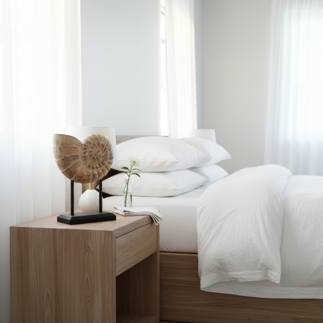 Medium hand-carved wooden nautilus shell sculpture on black stand styled on a coastal bedroom bedside table with white linen lamp and bud vase – beach house decor by Azure Decor