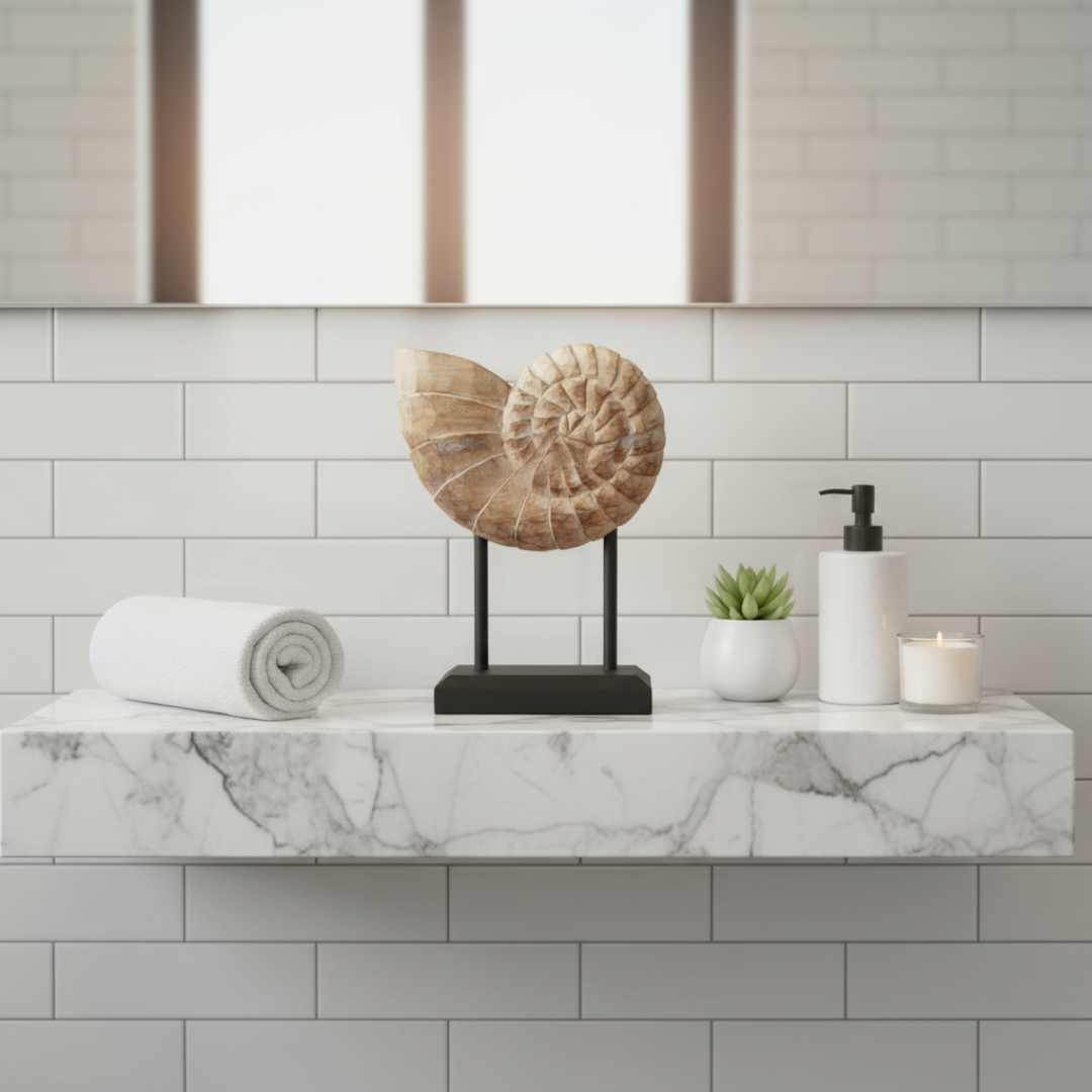Large hand-carved wooden nautilus shell sculpture on black stand styled on a marble bathroom vanity with white towels and greenery – coastal spa decor by Azure Decor