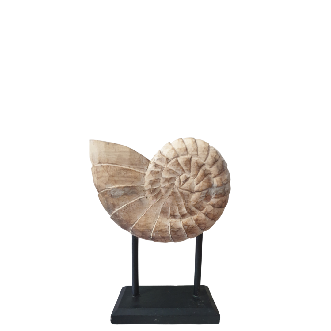 Small hand-carved wooden nautilus shell sculpture on natural wood base – coastal decor by Azure Decor