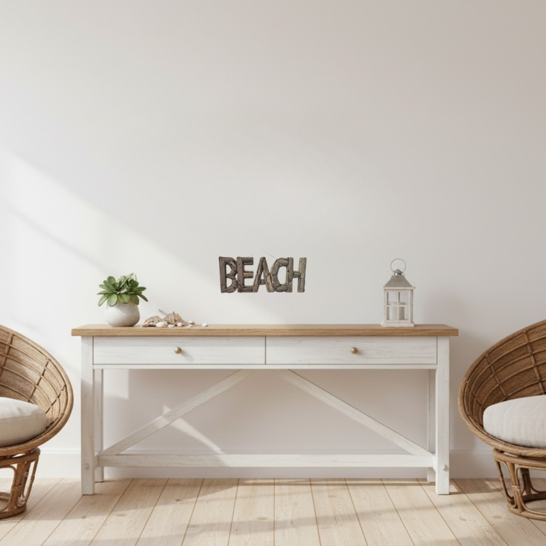 BEACH driftwood sign styled on a coastal console table with shells and lantern — handcrafted natural driftwood letters, 50x20cm — rustic coastal decor by Azure Decor