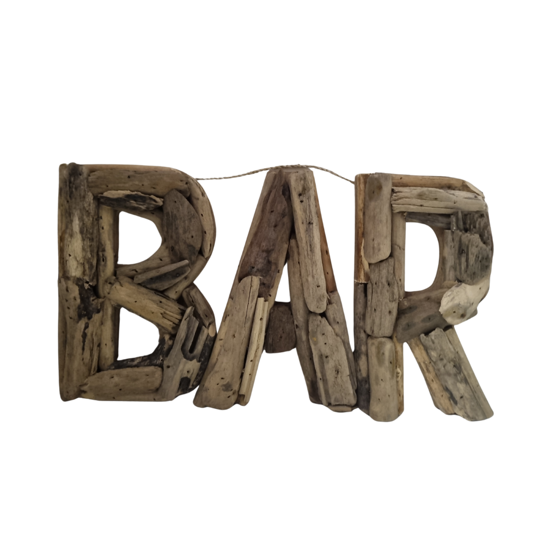 BAR driftwood wall sign — handcrafted natural driftwood letters on wire hanger, 37x20cm — rustic coastal bar decor by Azure Decor