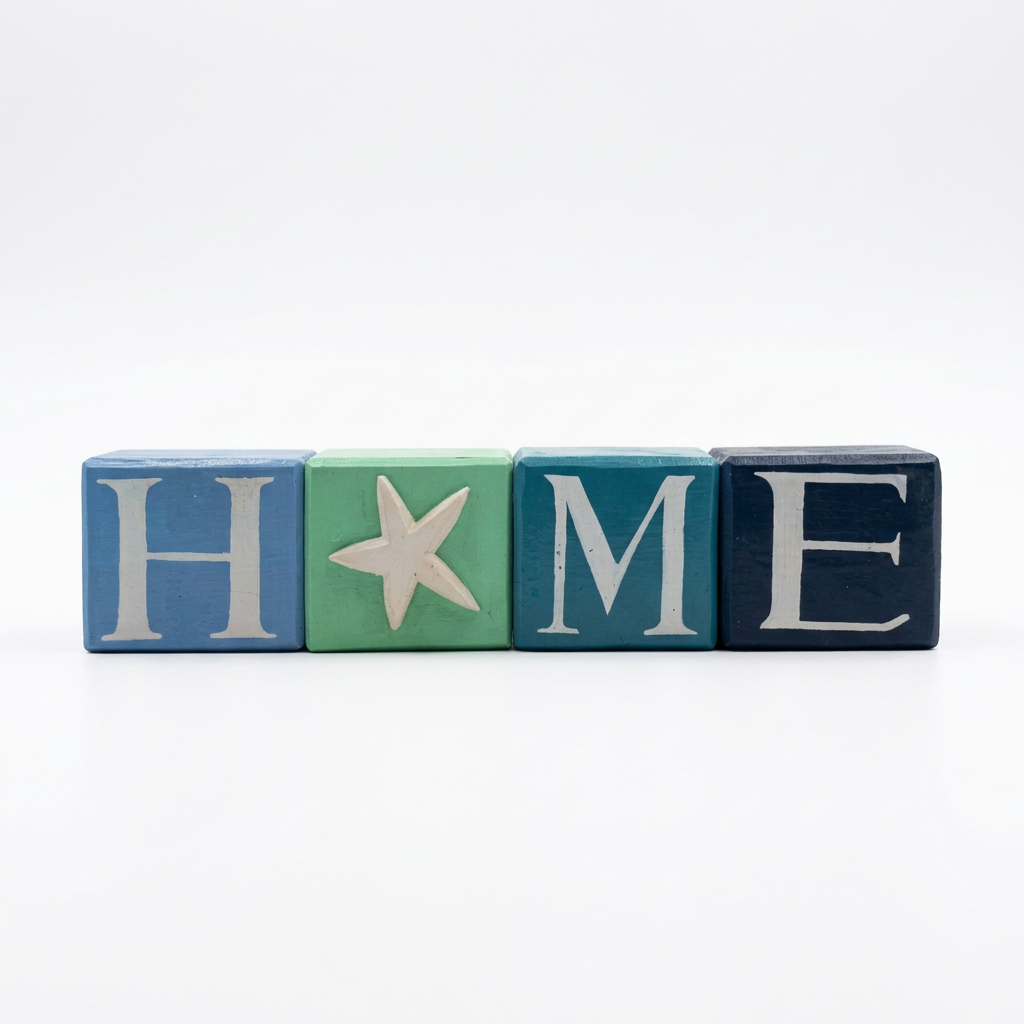 White background, blocks together
“Coastal HOME wooden blocks in blue, green, teal and navy, with cream lettering and a starfish replacing the O