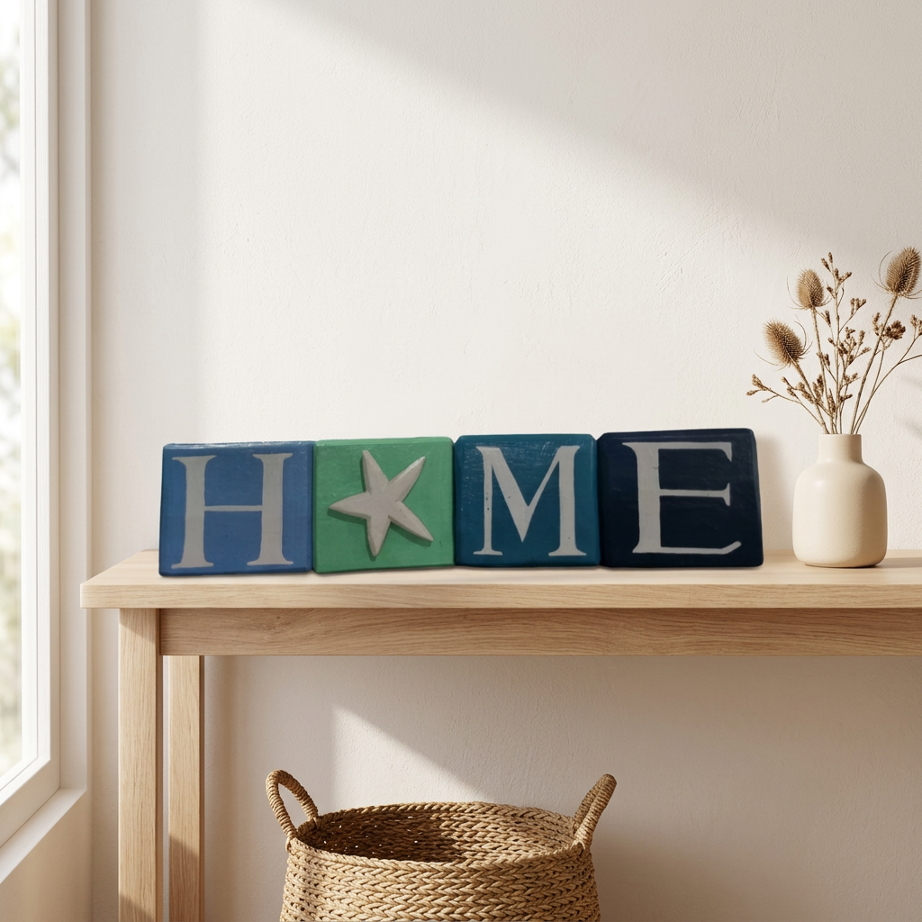 Separate blue, green, teal and navy squares displayed on a pale timber console, with a cream vase and woven basket