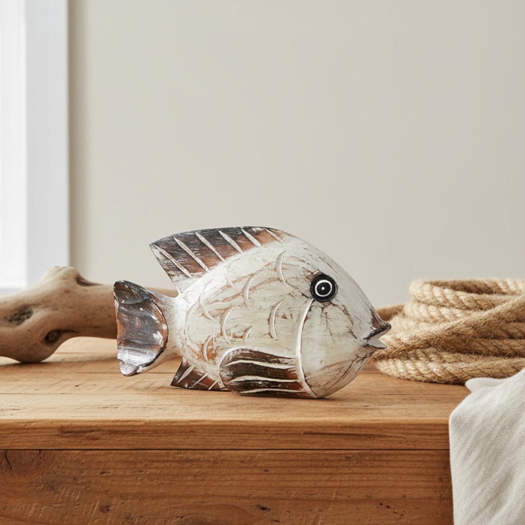 White wash carved wooden fish ornament styled on a natural timber table top with driftwood and jute accents