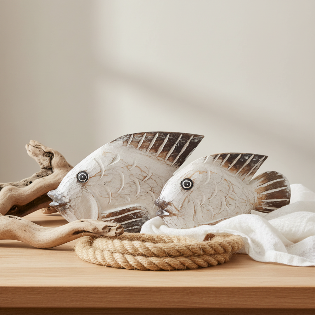 Two decorative carved fish ornaments with dark brown fins and black eyes, displayed on a wooden surface with driftwood, a coiled rope, and a white cloth against a soft beige wall.