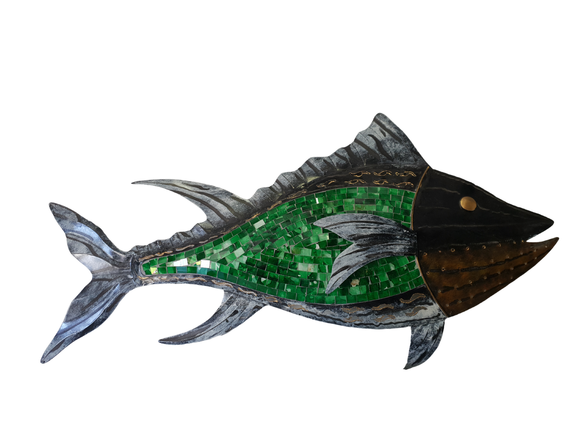 A wall art decoration of a tuna fish made from blue and silver mosaic tiles with a silver metal finish.