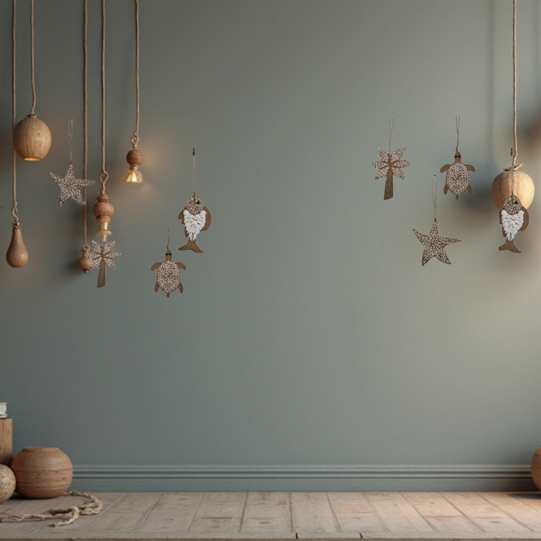 Decorative hanging ornaments on a plain wall with wooden floor.