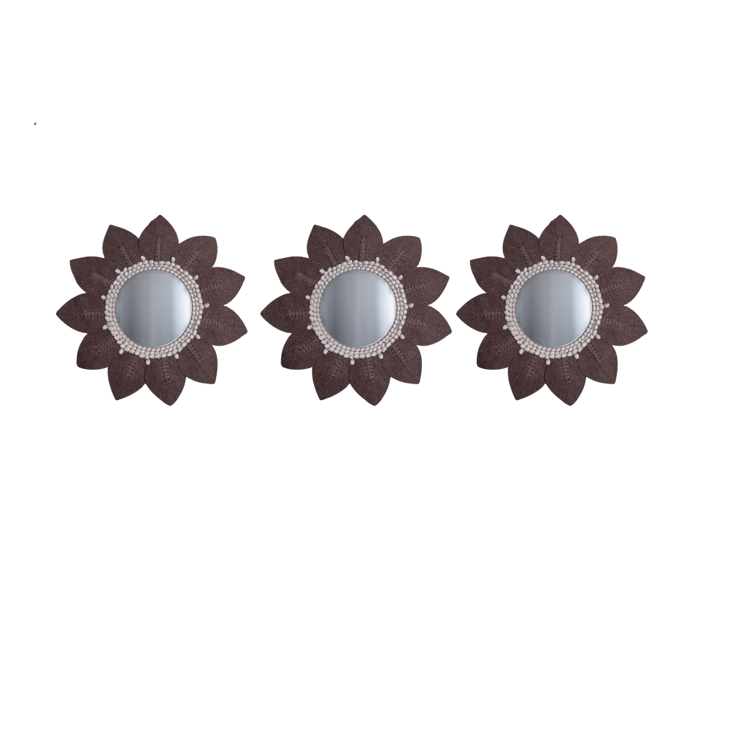 three Brown macramé leaf wall mirror with white shell bead surround – handcrafted boho coastal décor Australia