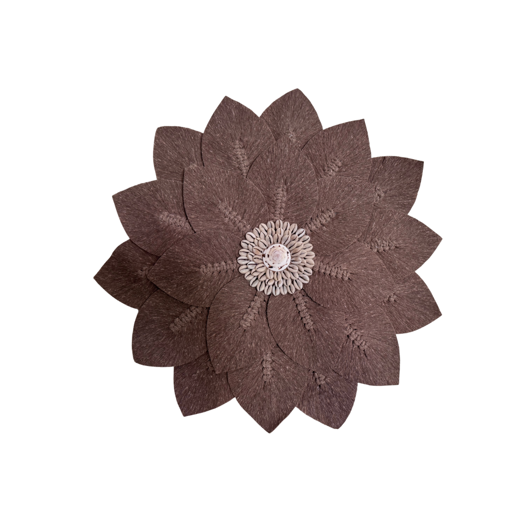 Brown macramé leaf wall art with shell centre detail – handcrafted coastal boho wall décor Australia"