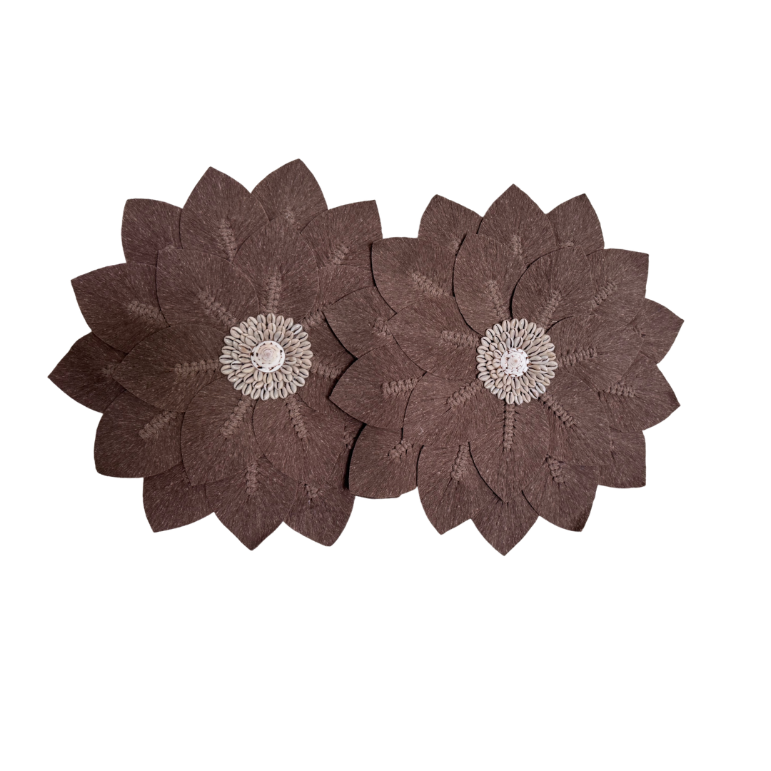 two Brown macramé leaf wall art with shell centre detail – handcrafted coastal boho wall décor Australia"