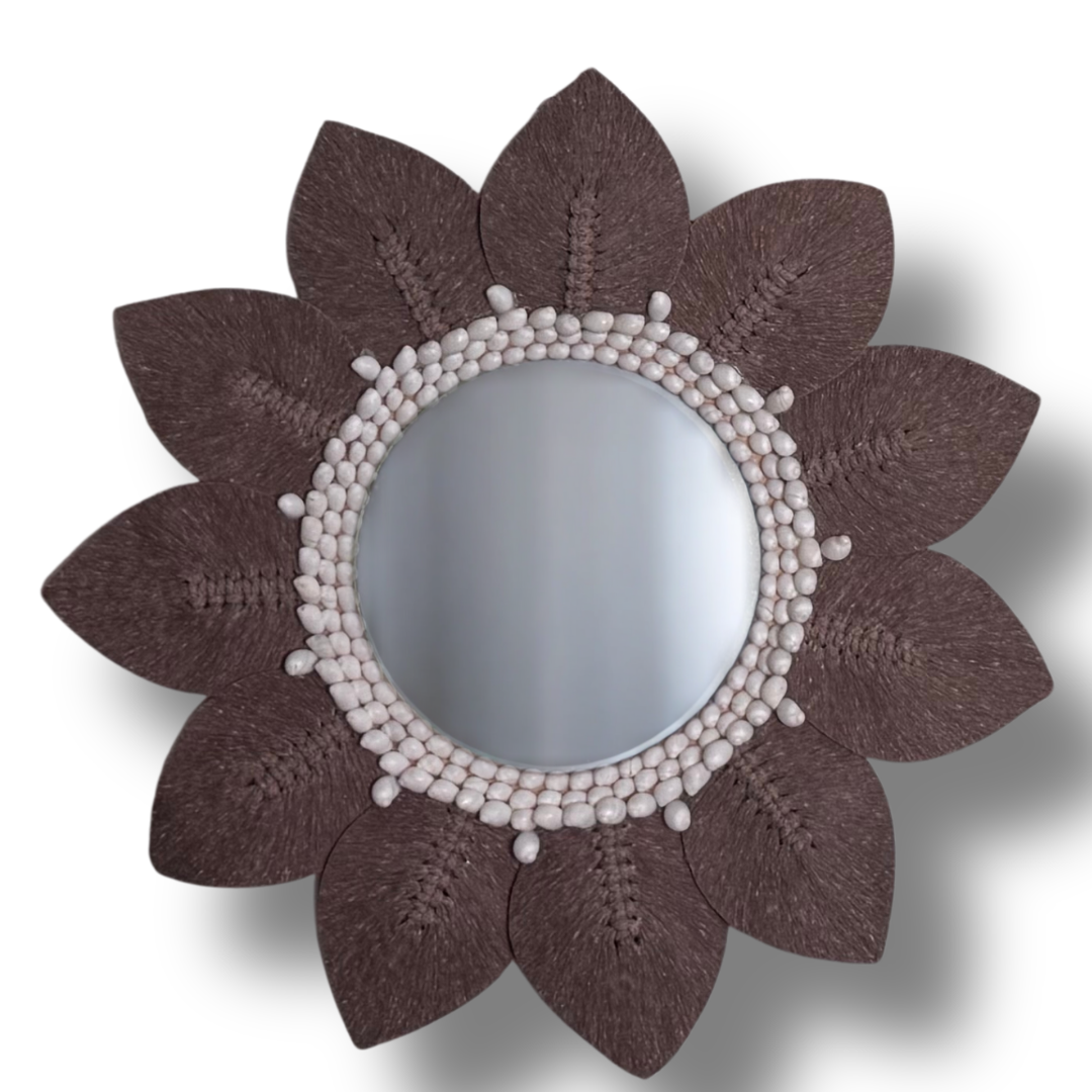 Brown macramé leaf wall mirror with white shell bead surround – handcrafted boho coastal décor Australia