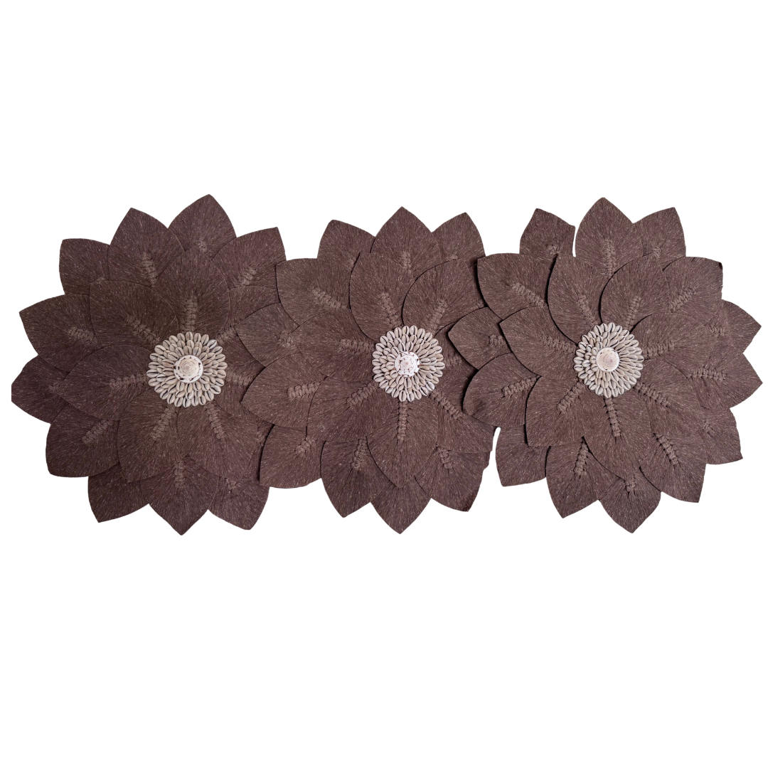 Three Brown macramé leaf wall art with shell centre detail – handcrafted coastal boho wall décor Australia"