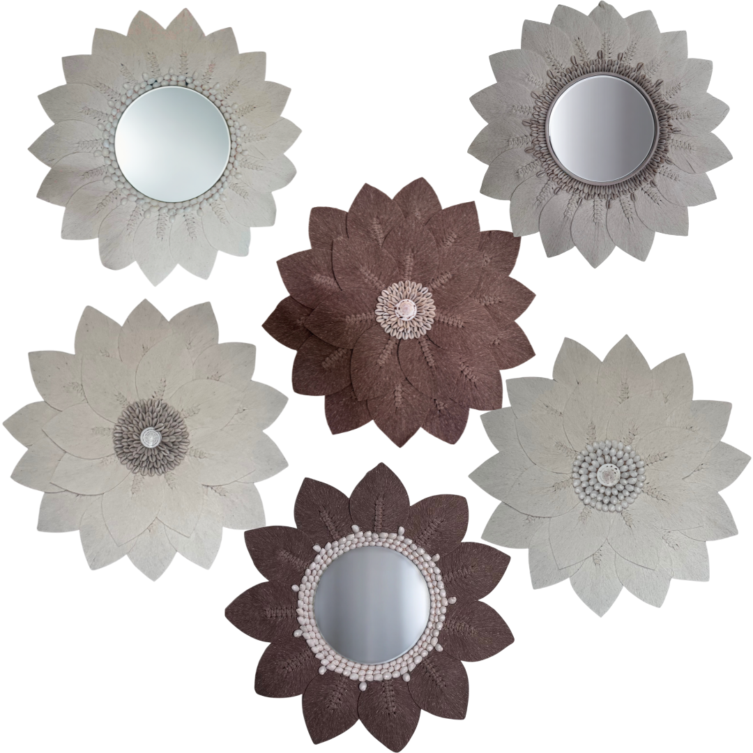Coastal Shell Macramé Leaf Wall Art – 6 styles including mirror and non-mirror variants in brown and beige/white – handcrafted boho coastal décor Australia