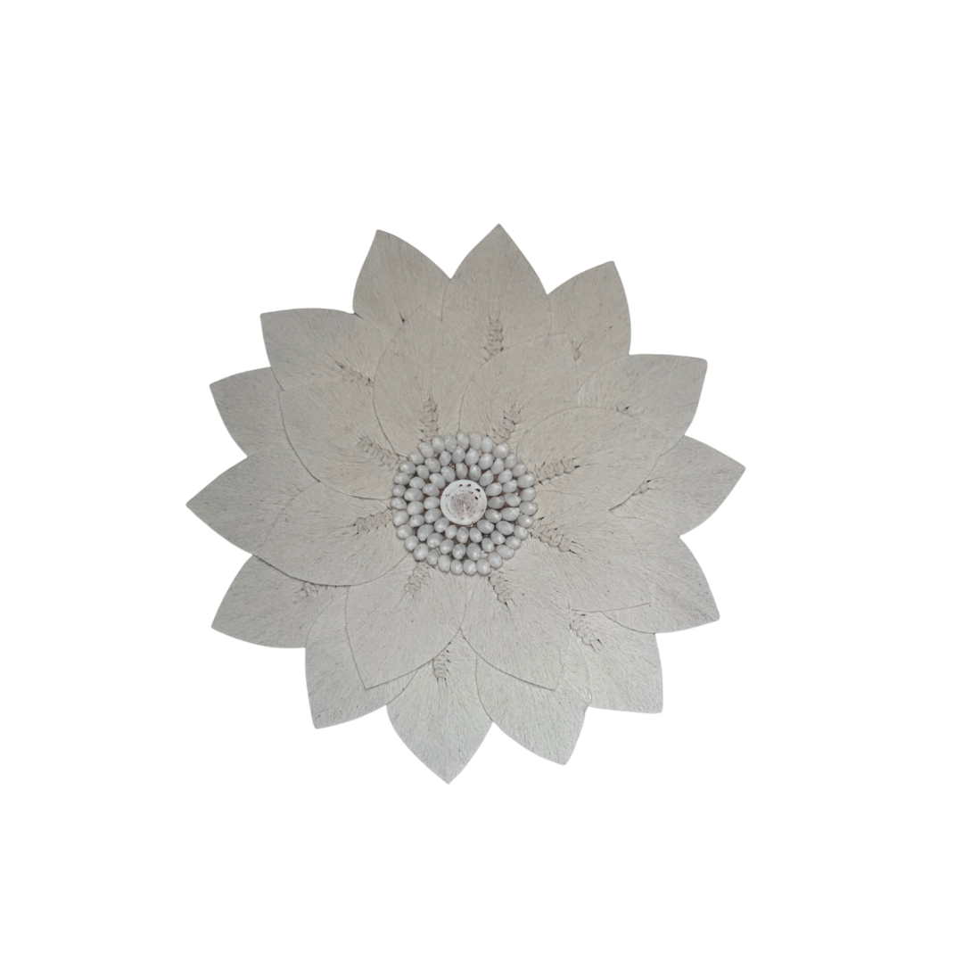 Macramé decorative wall piece shaped like a flower with white shell centre detail against a white background, boho coastal wall décor.