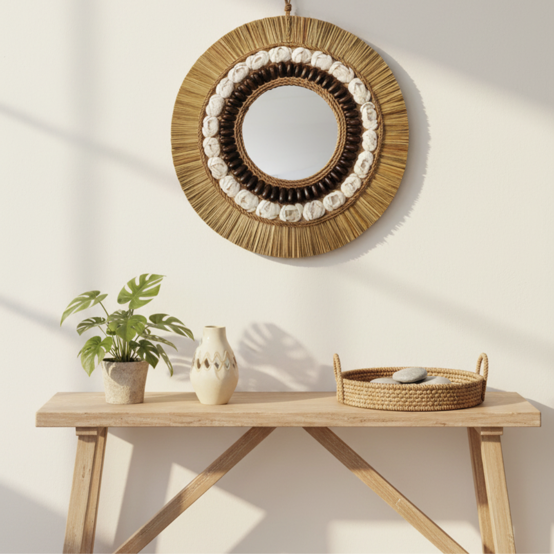  styled above cross-braced console: Natural fringed frame above a timber console with a monstera, cream vase and woven tray