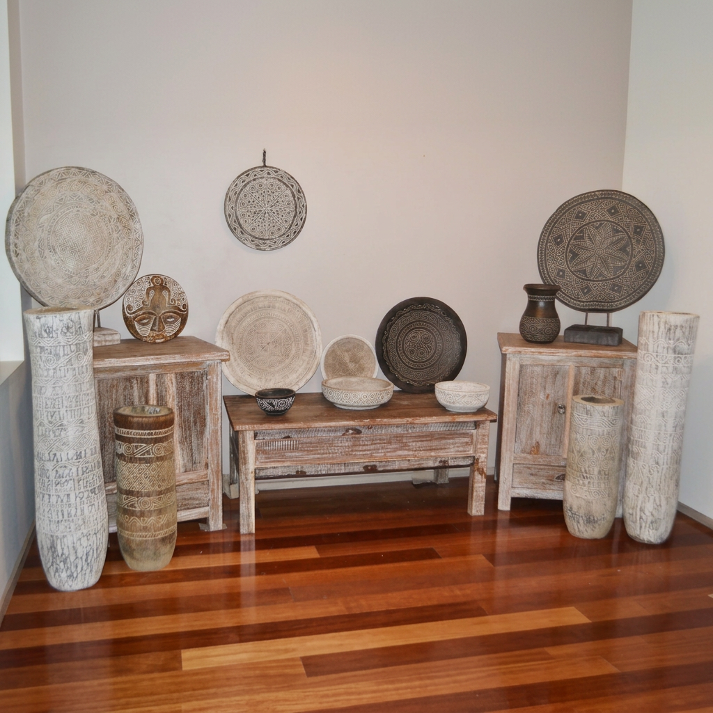 A collection of rustic, handcrafted African-style decorative pottery, including tall textured vases, carved plates, bowls, and small vessels, displayed on wooden stands and tables against a neutral wall on a polished wood floor.