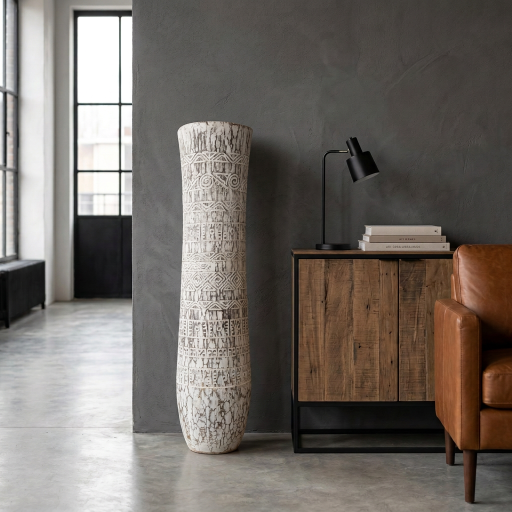 Dark brown floor vessel with pale geometric patterns beside a timber and black metal cabinet and tan leather cha