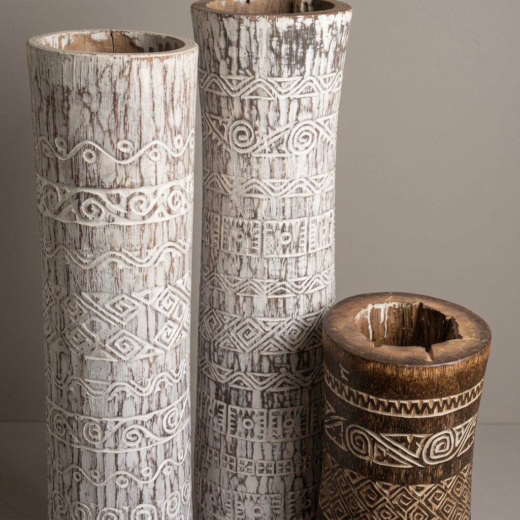 Close-up of two whitewashed vessels and one dark brown vessel, showing hollow rims, rough grain, spiral and geometric pattern