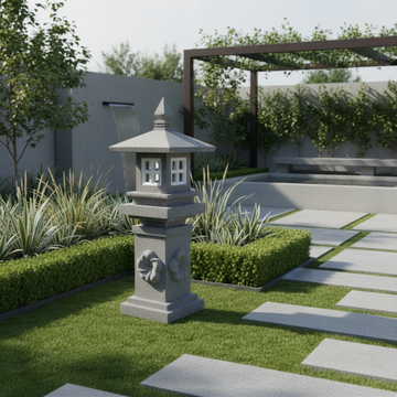 Classic style garden lantern in grey concrete positioned on a lawn beside a stepping stone pathway in a contemporary outdoor garden with clipped hedges and ornamental grasses