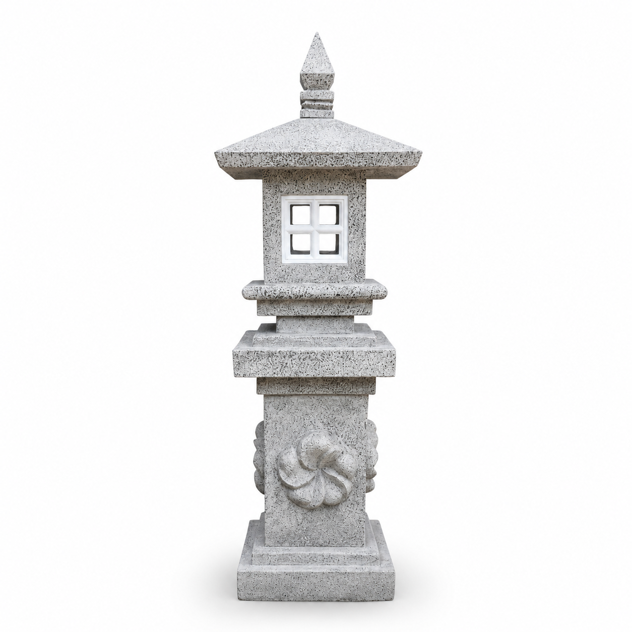 Light grey concrete pagoda lantern with four-pane square window, carved spiral relief on column and pointed finial on white background