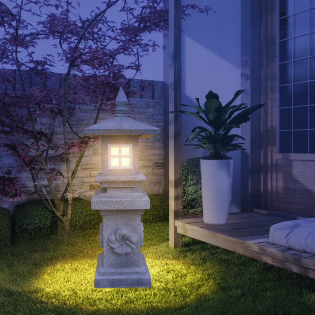 Tiered stone outdoor sculpture glowing warmly at dusk on a lawn beside a timber deck with a red maple and tropical foliage in the background