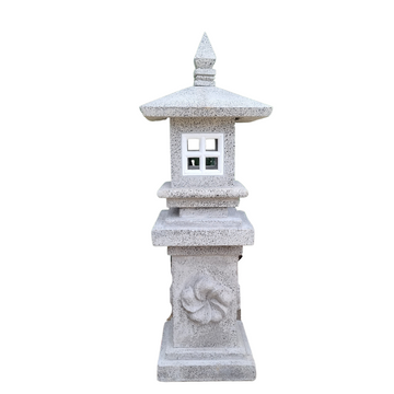 Garden Lantern Classic Style in light grey concrete — pagoda form with carved spiral column, square light opening and pointed finial on white background