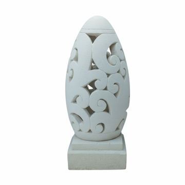 scroll Top concrete garden lantern from the Dome Collection – handcrafted in Bali with flowing scroll cutouts on a square base, in neutral cream.